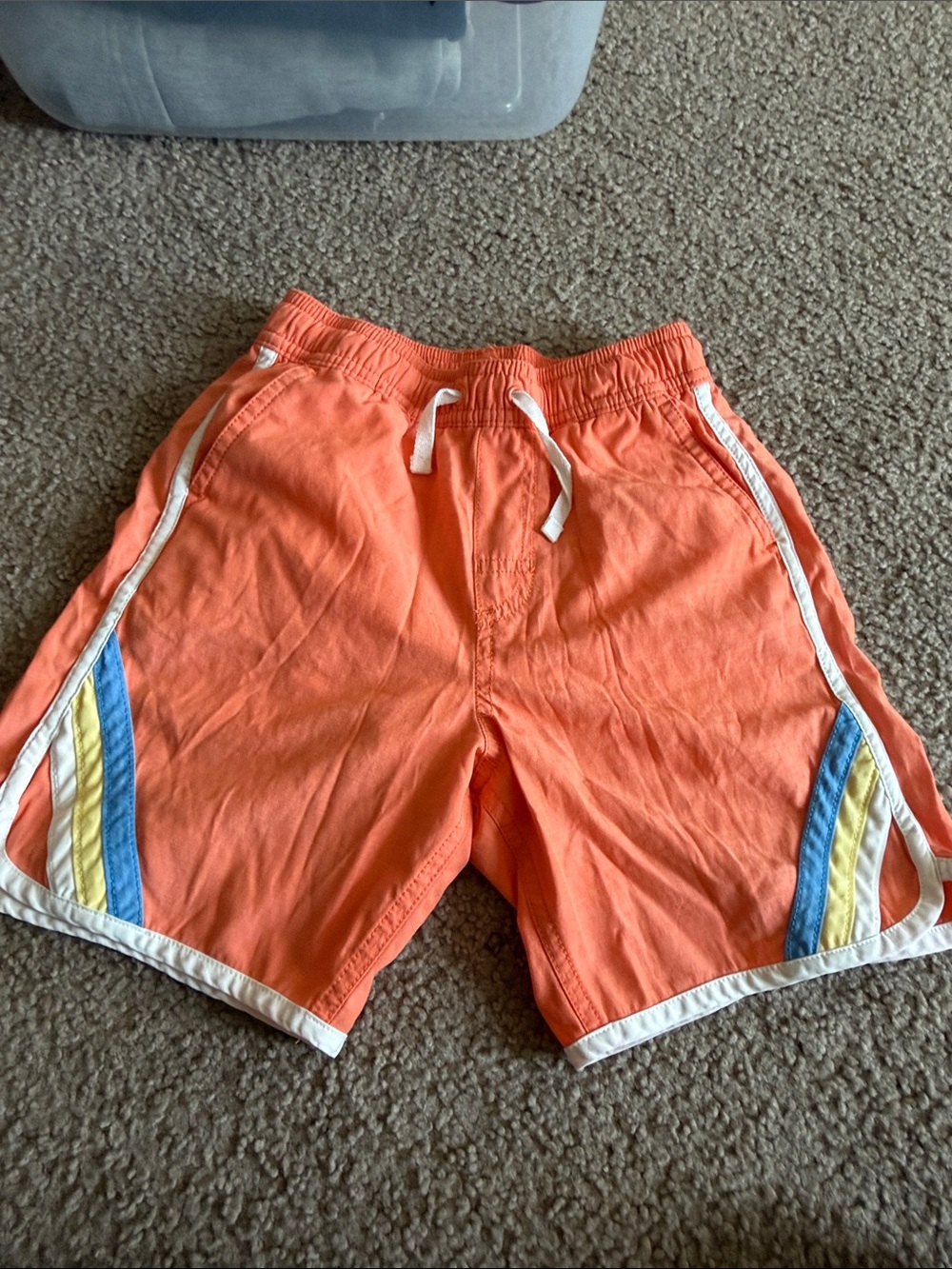 B73 Hanna Andersson 6-7y Coral Swim Trunks with Blue & Yellow Accents